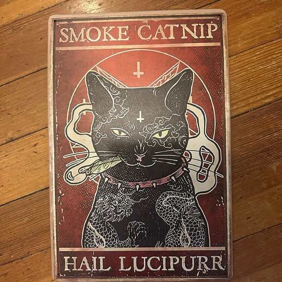 Smoke Catnip Hail Lucipurr Tin Poster with Vintage Look - Picture 1 of 4